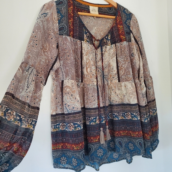 KNOX ROSE Sz S Paisley Browns Teal Rust Bishop Sleeve Tunic Tassels Sheer Boho - Picture 6 of 15